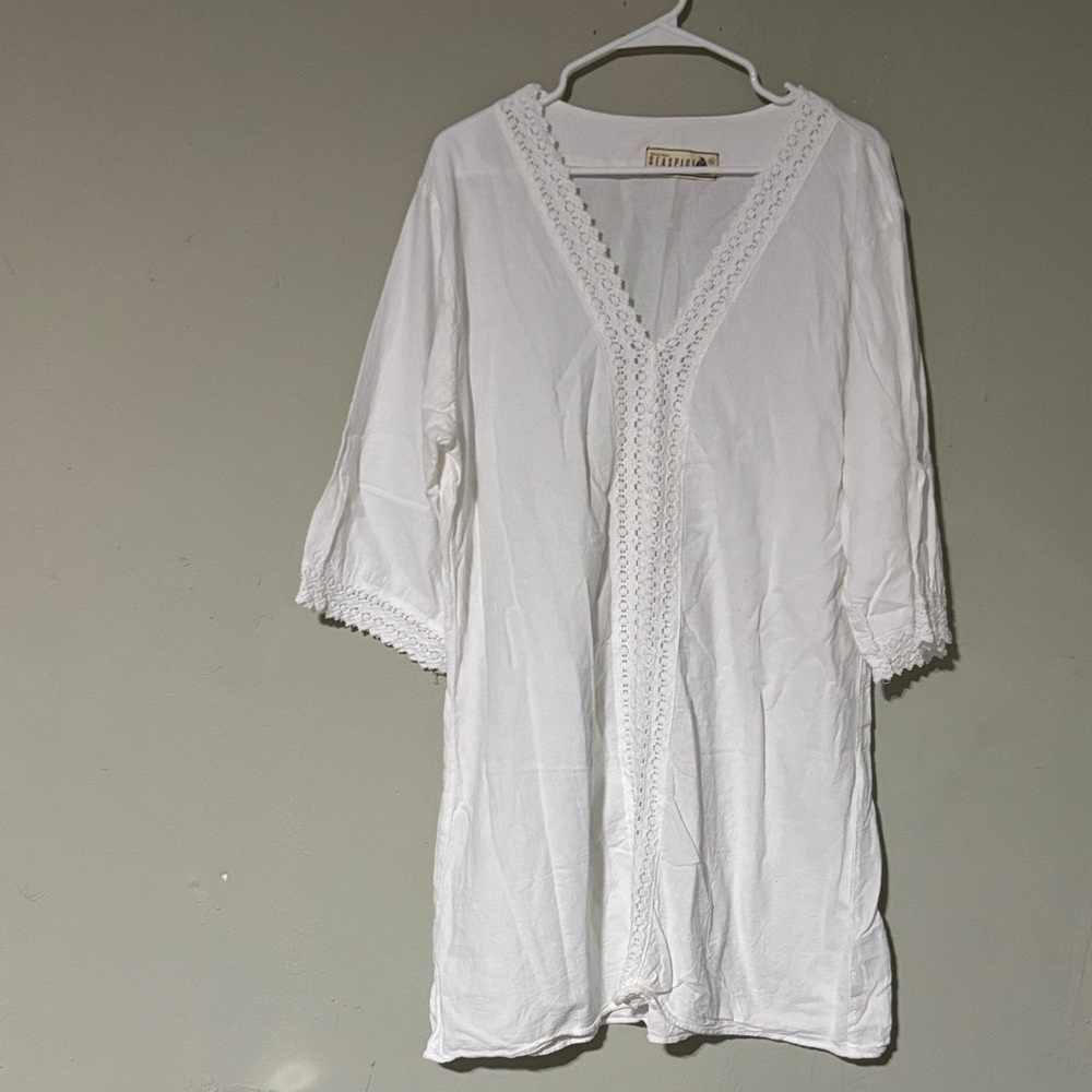 Seaspice Resort wear White tunic/mini dress XL 100% Peruvian cotton NWOT